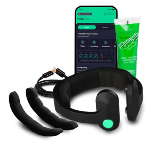 Kit individual del Pulsetto Fit con dispositivo, almohadillas extra, gel, cable y app